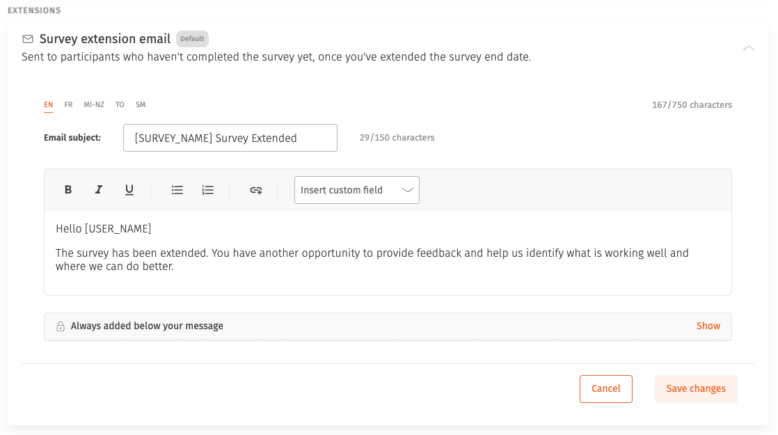 Write your own survey extension emails